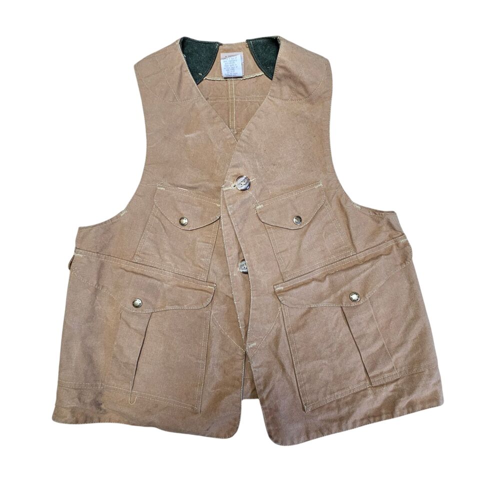 Filson Vintage Waxed Tin Cloth Half Moon Vest Size M Khaki Tan USA Made Hunting
